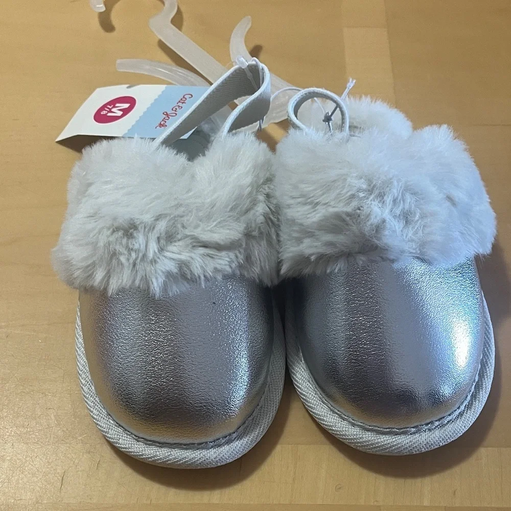 Cat & Jack Silver and White Faux Fur Kids Slippers